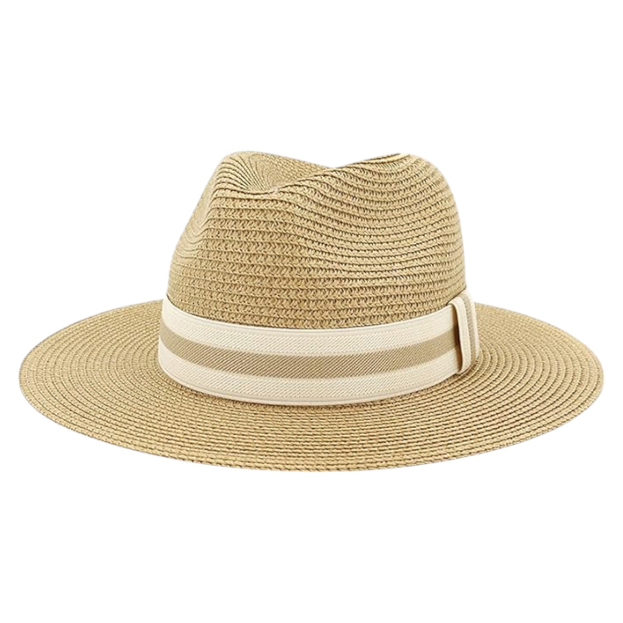 Nicky Adams men's natural woven Panama-style hat with wide brim and beige striped band – breathable summer sun hat for holidays, travel, and countrywear fashion.